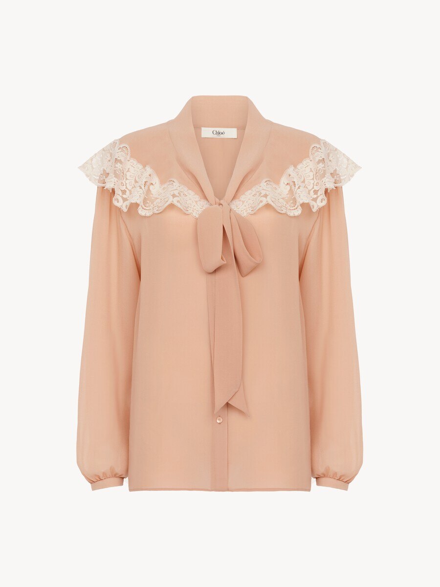 Tie-front gathered blouse in silk georgette & lace - 2