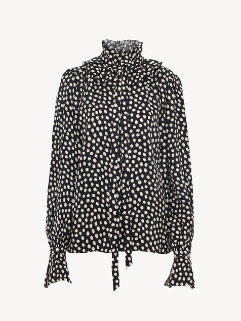 Blouse lavalli&egrave;re &agrave; volants en soie jacquard
