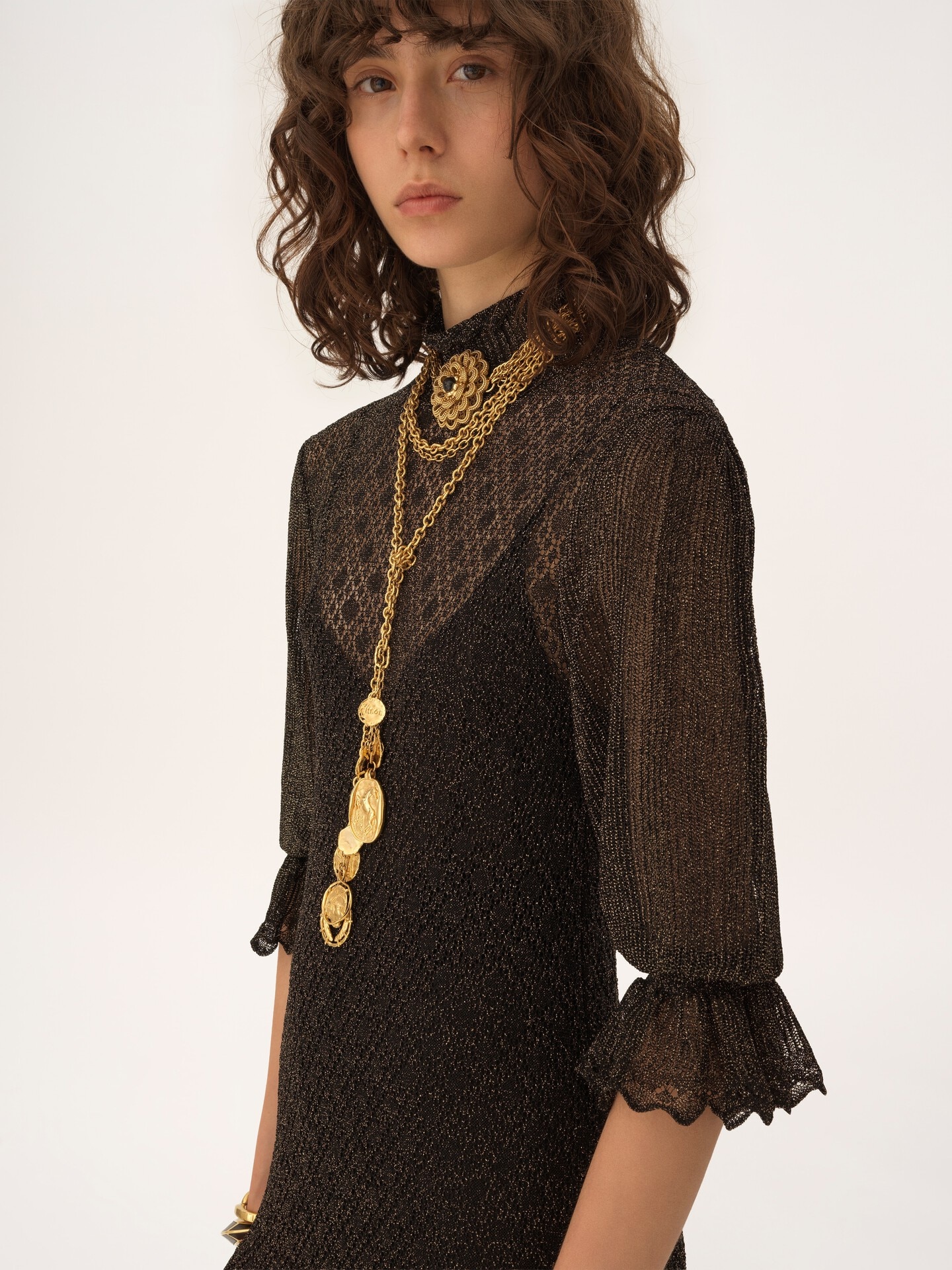 Mini robe manches bouffantes &agrave; volants en maille lurex - 4