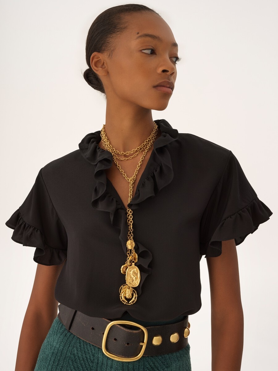 Short-sleeve ruffled top in cr&ecirc;pe de chine - 7