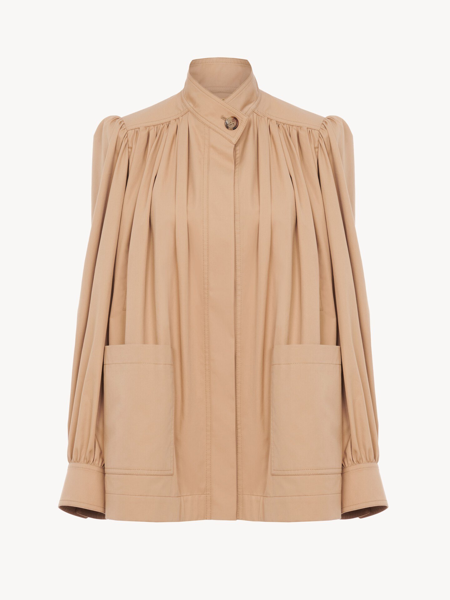 Chaqueta fruncida con cuello alto de gabardina de algod&oacute;n - 1