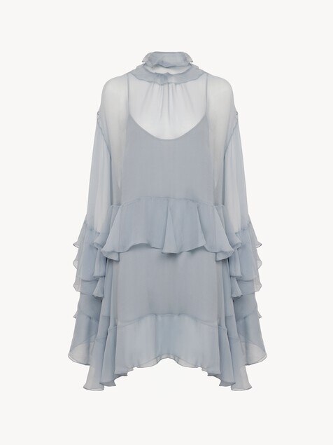 Ruffled mini dress in silk mousseline