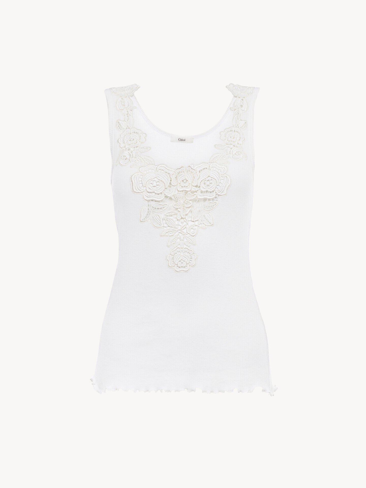 Fitted tank top in cotton jersey & guipure - 2.0