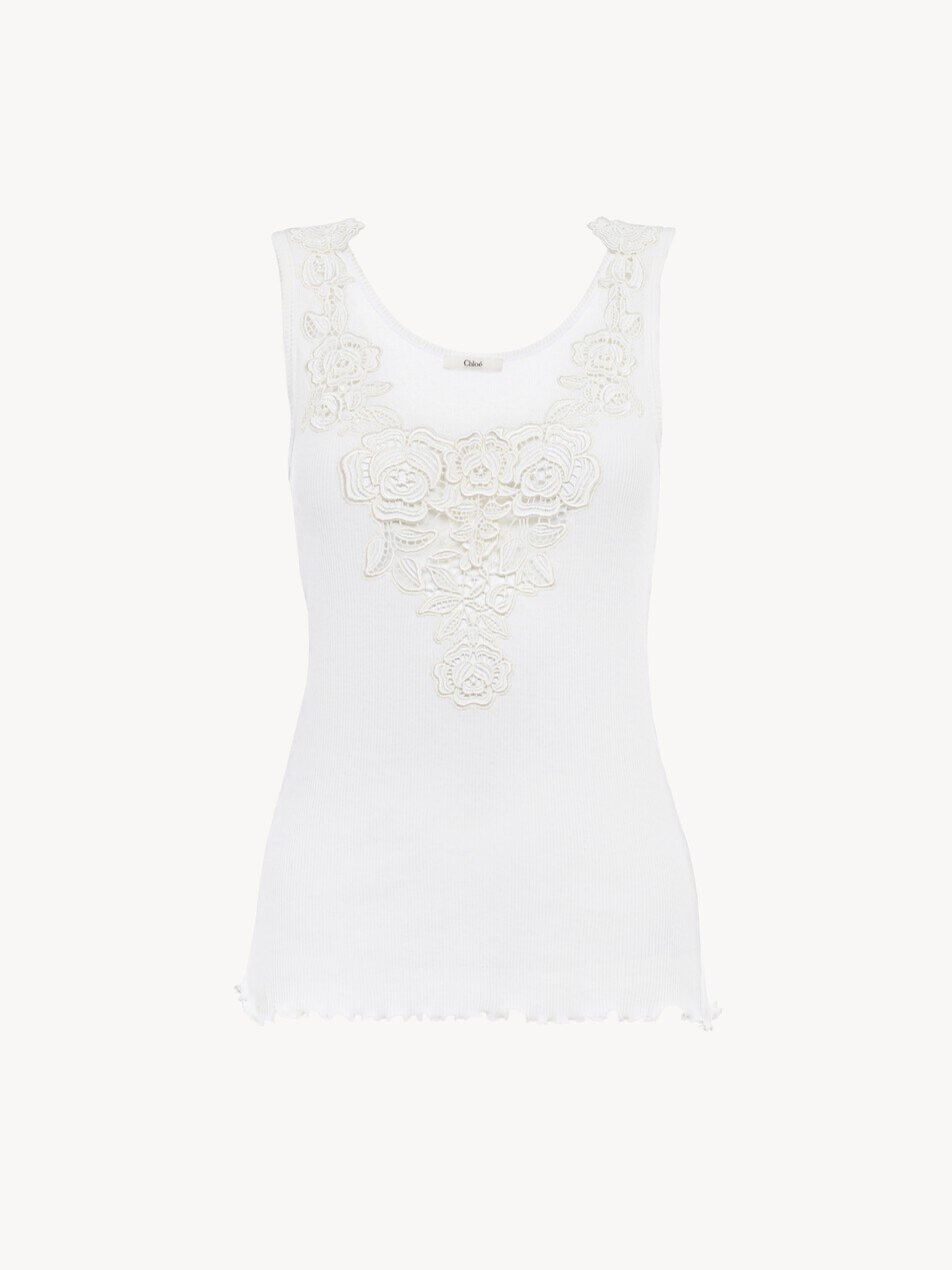 Fitted tank top in cotton jersey & guipure - Packshot