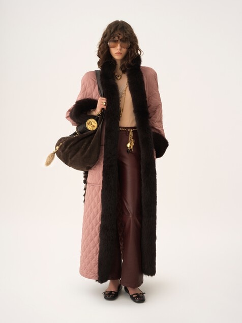 Long hybrid coat in technical satin