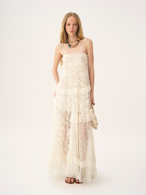 Thin-strap long dress in embroidered lace