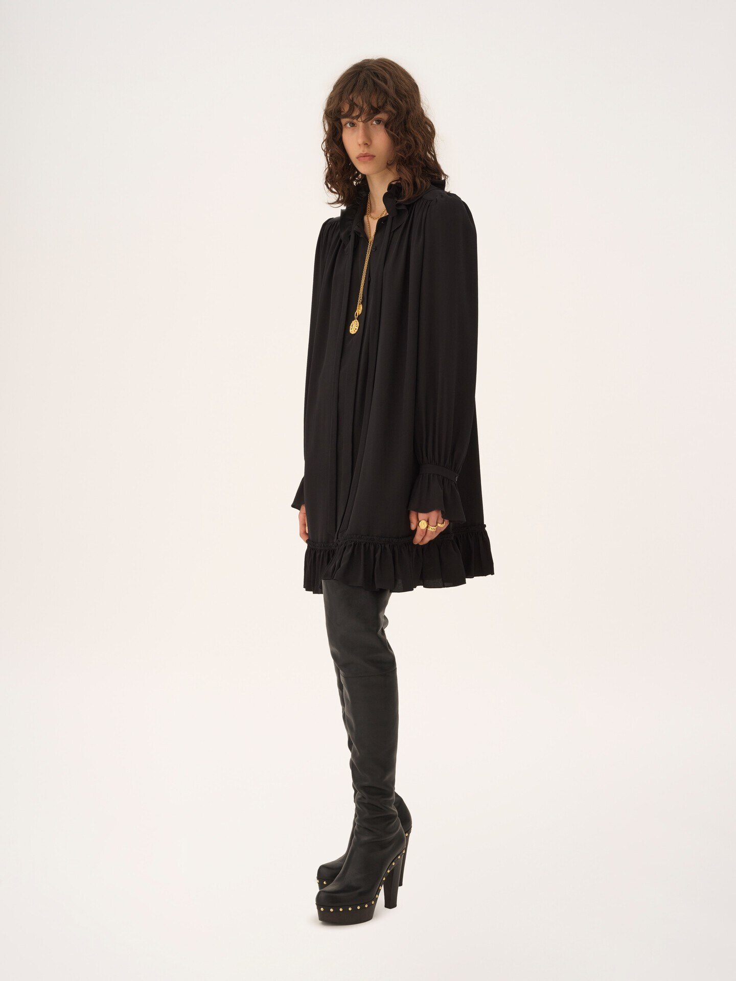 Long-sleeve mini dress in cr&ecirc;pe de chine - 4