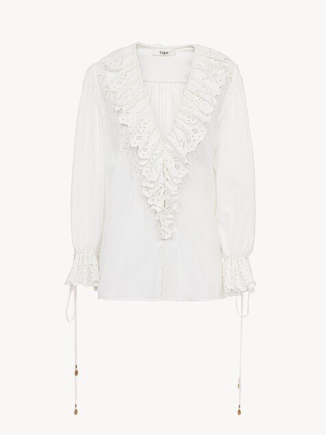 Puff-sleeve V-neck top in cotton voile