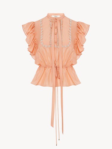 Short-sleeve ruffle top in washed silk habotai & lace - 2