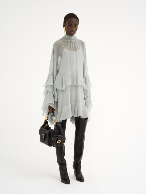 Mini ruffled dress in silk mousseline