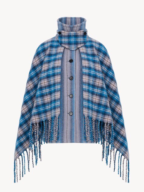 High-neck short cape coat in check wool & alpaca
