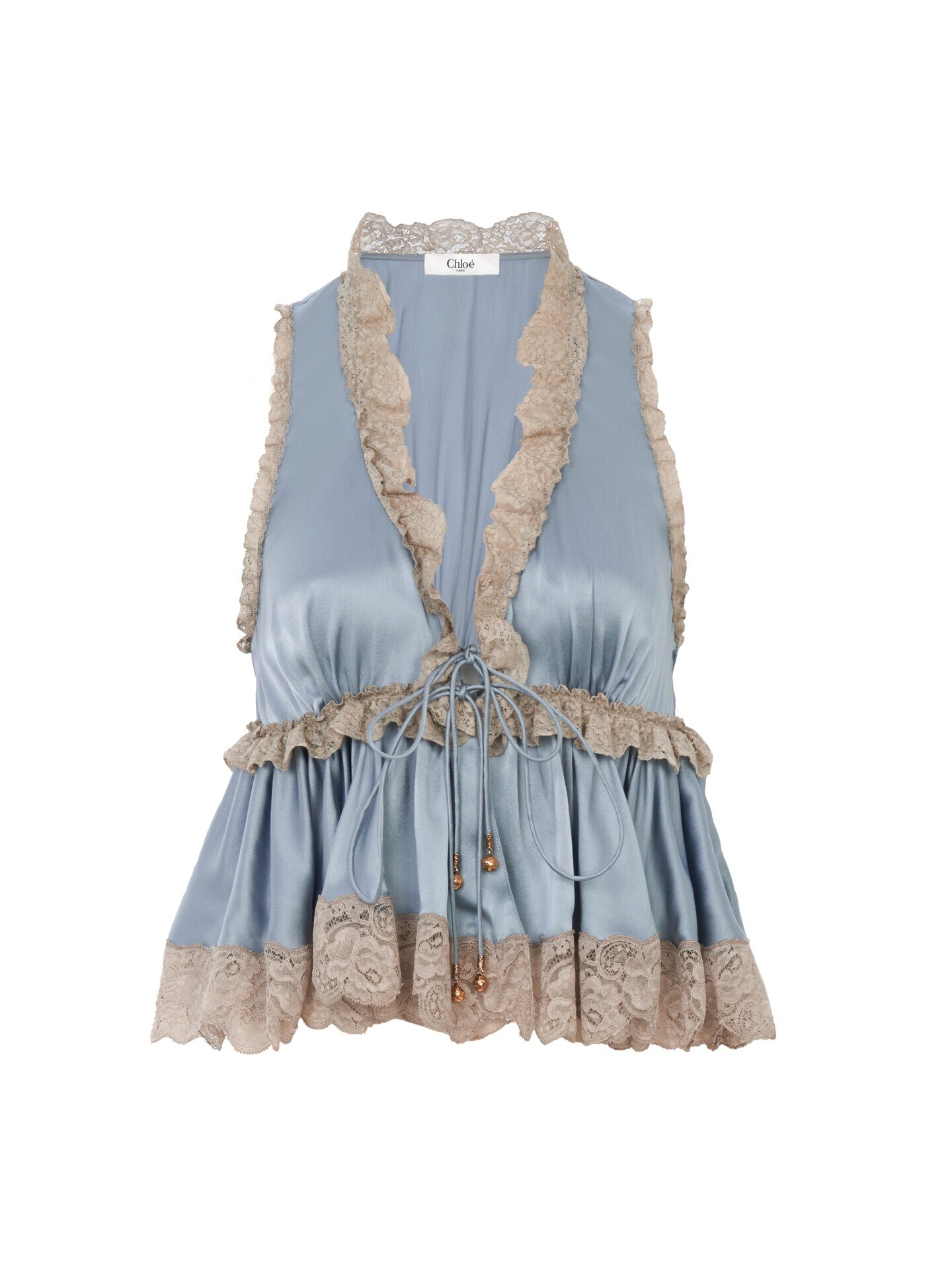 Tie-front sleeveless top in washed silk satin & lace Blue - Chloé