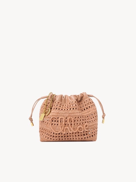 Mini Summer Banana drawstring shoulder bag in raffia