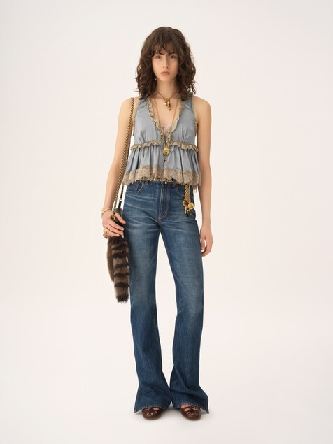 Tie-front sleeveless top in washed silk satin & lace