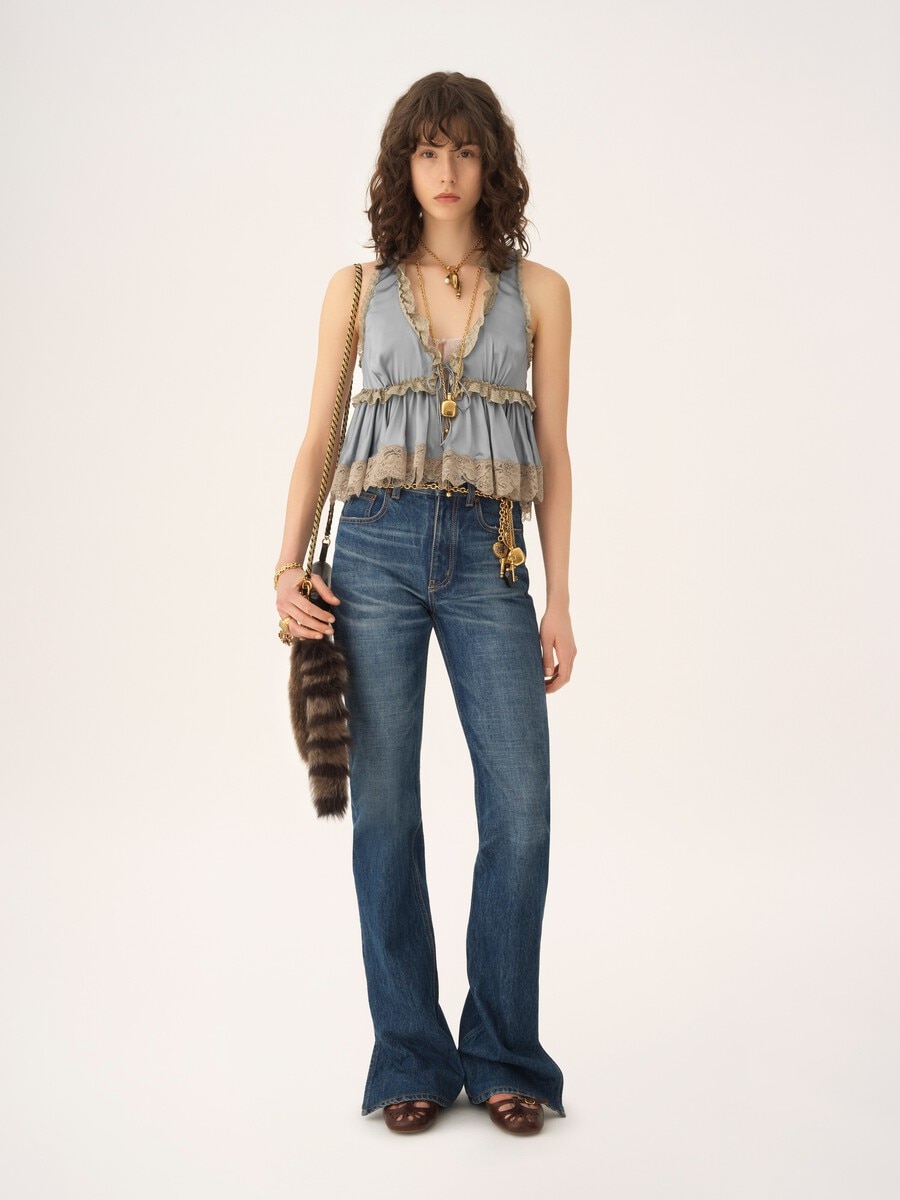 Tie-front sleeveless top in washed silk satin & lace - 3