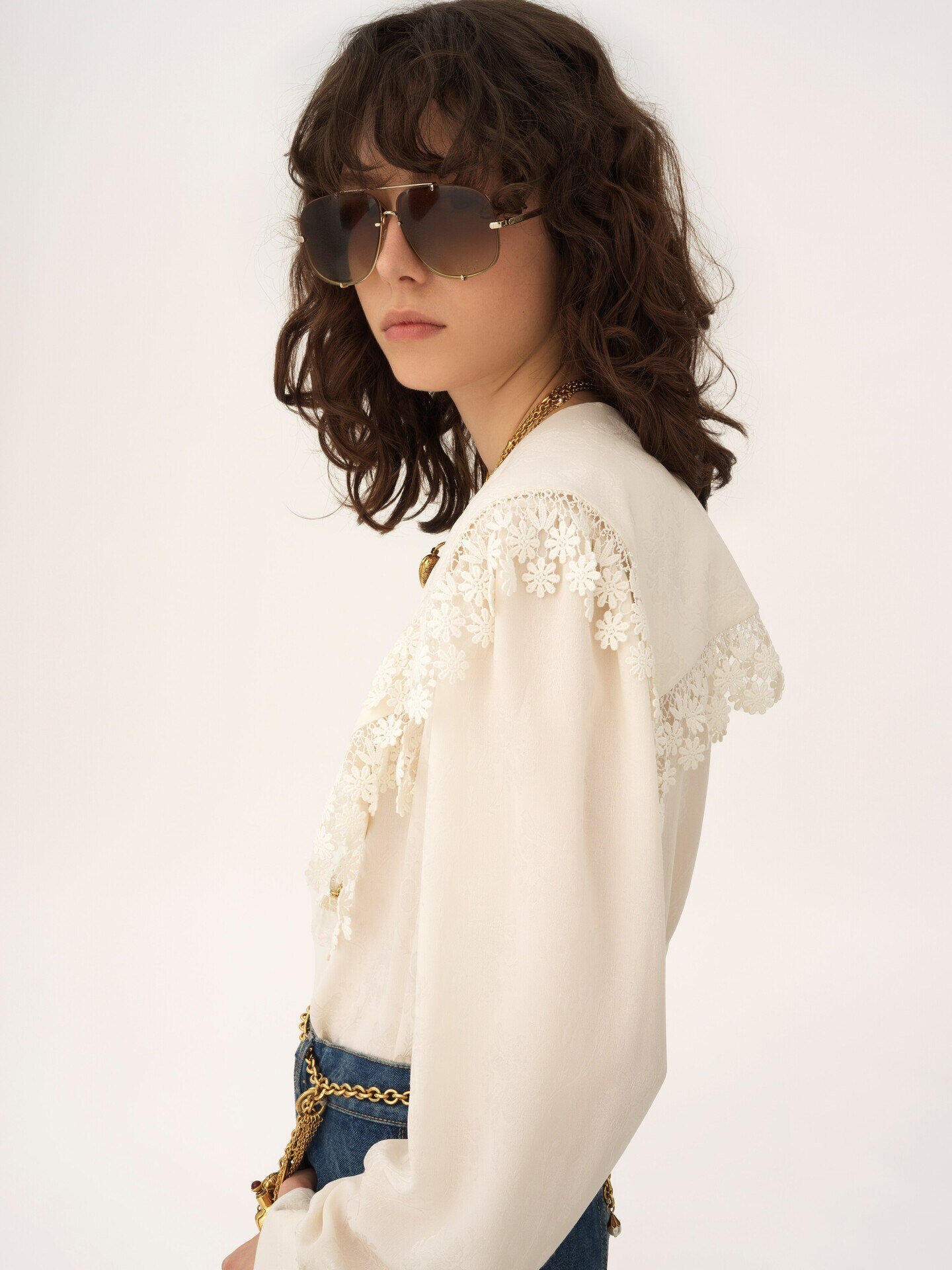 Maxi-collar blouse in silk jacquard & lace Iconic Milk - Chloé