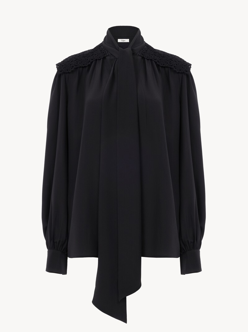 Gathered scarf-tie blouse in crêpe de chine & lace by Chloé