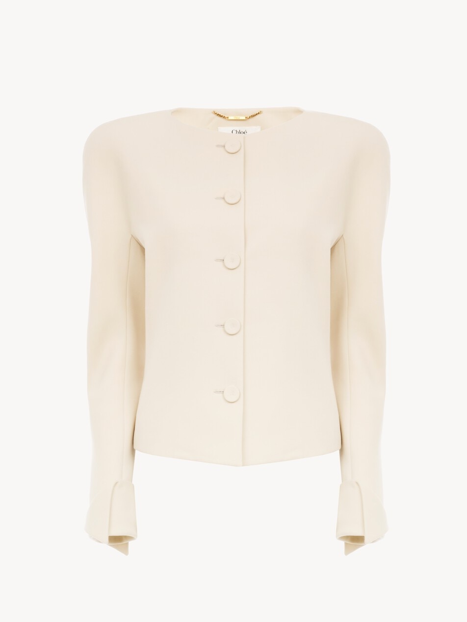Collarless fitted jacket in wool grain de poudre