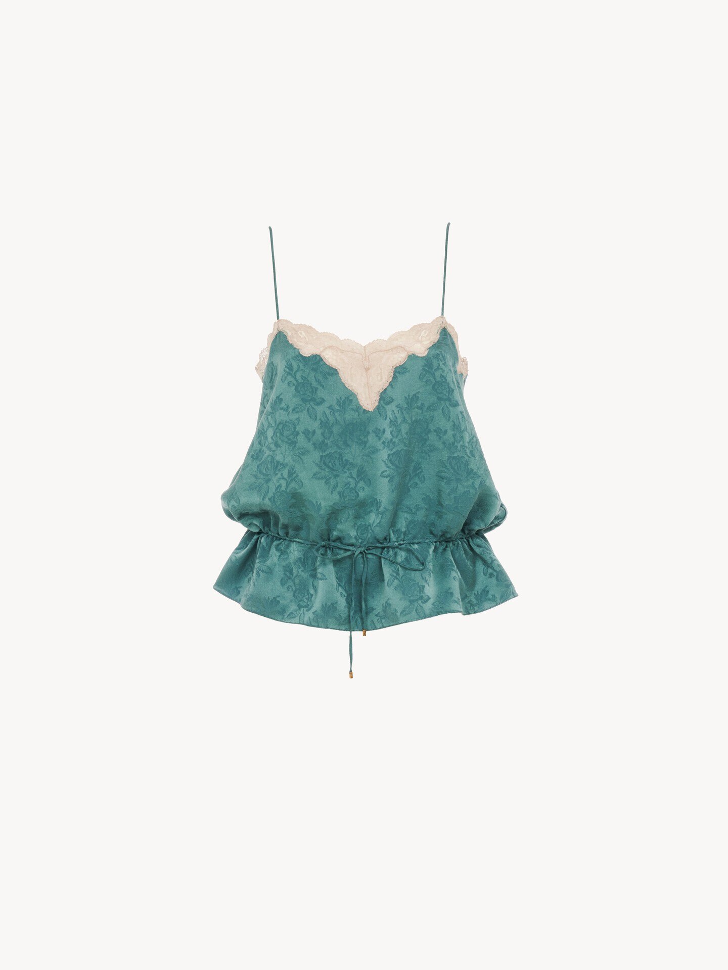 Drawstring camisole top in silk jacquard & lace - 1.0