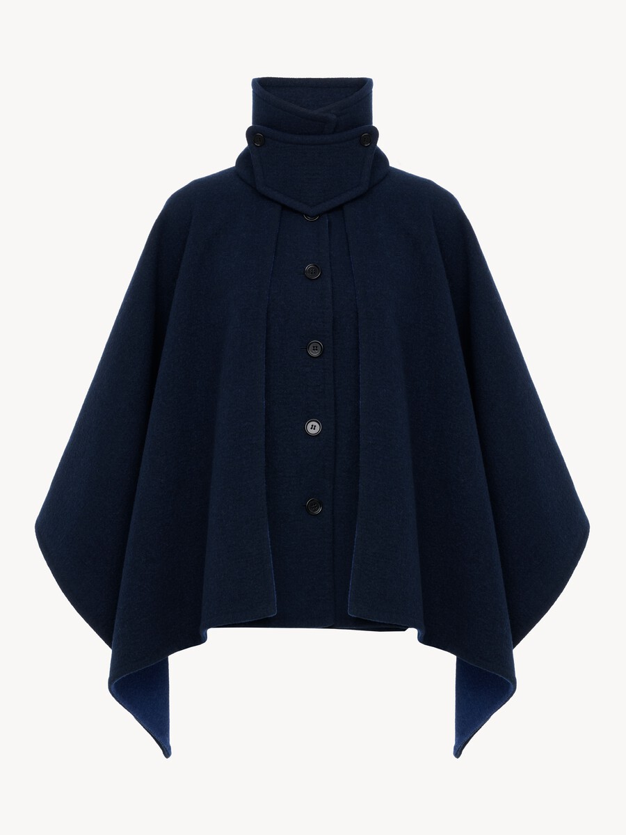 High-neck short cape coat in washed double-face wool - 2