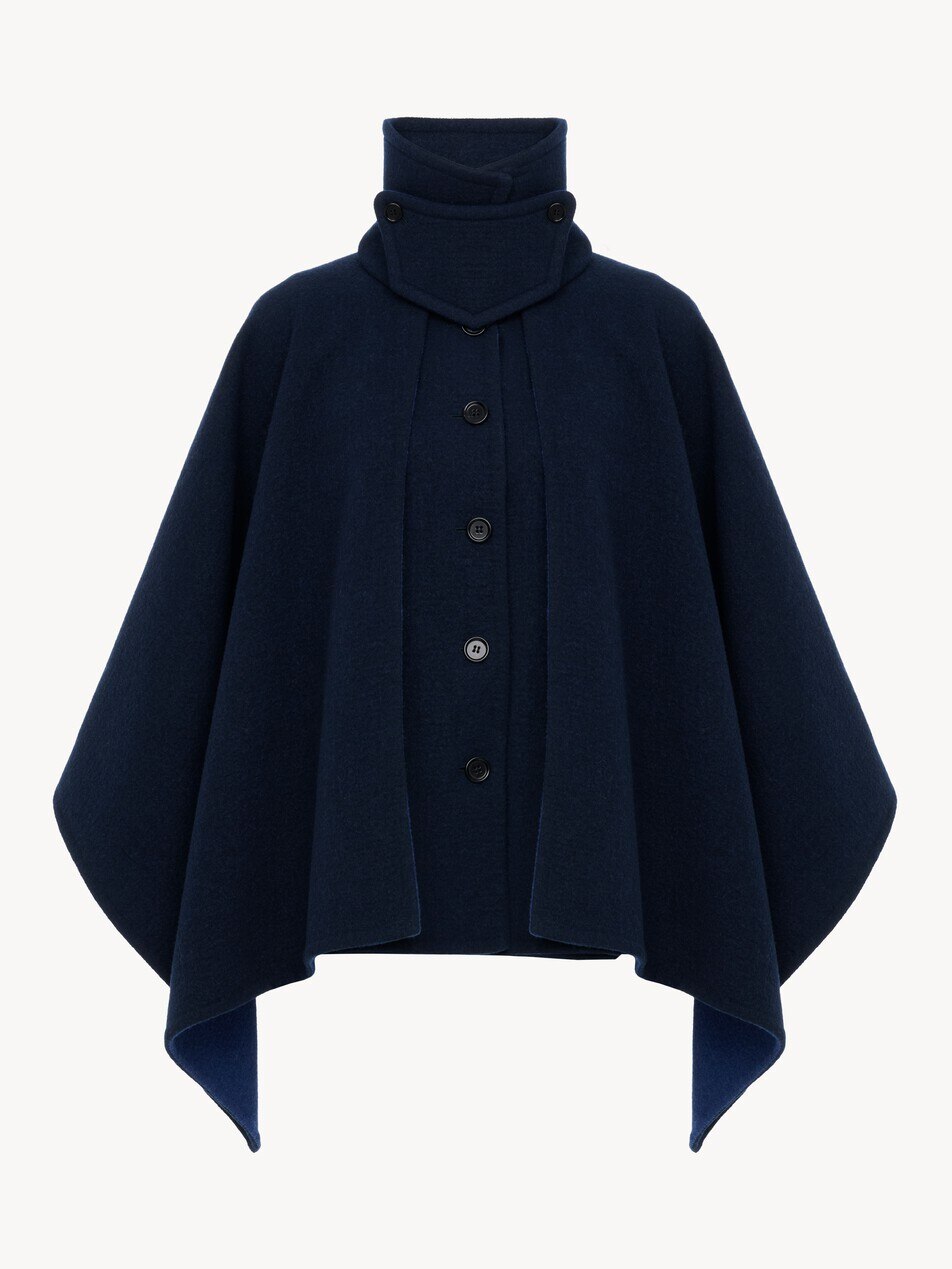 High-neck short cape coat in washed double-face wool - Packshot