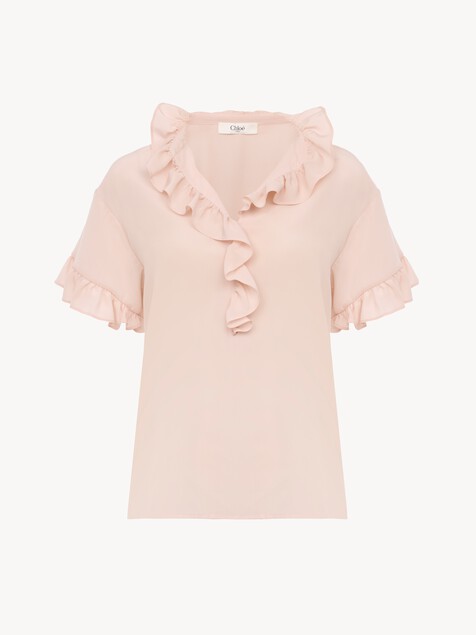 Short-sleeve ruffle top in cr&ecirc;pe de chine