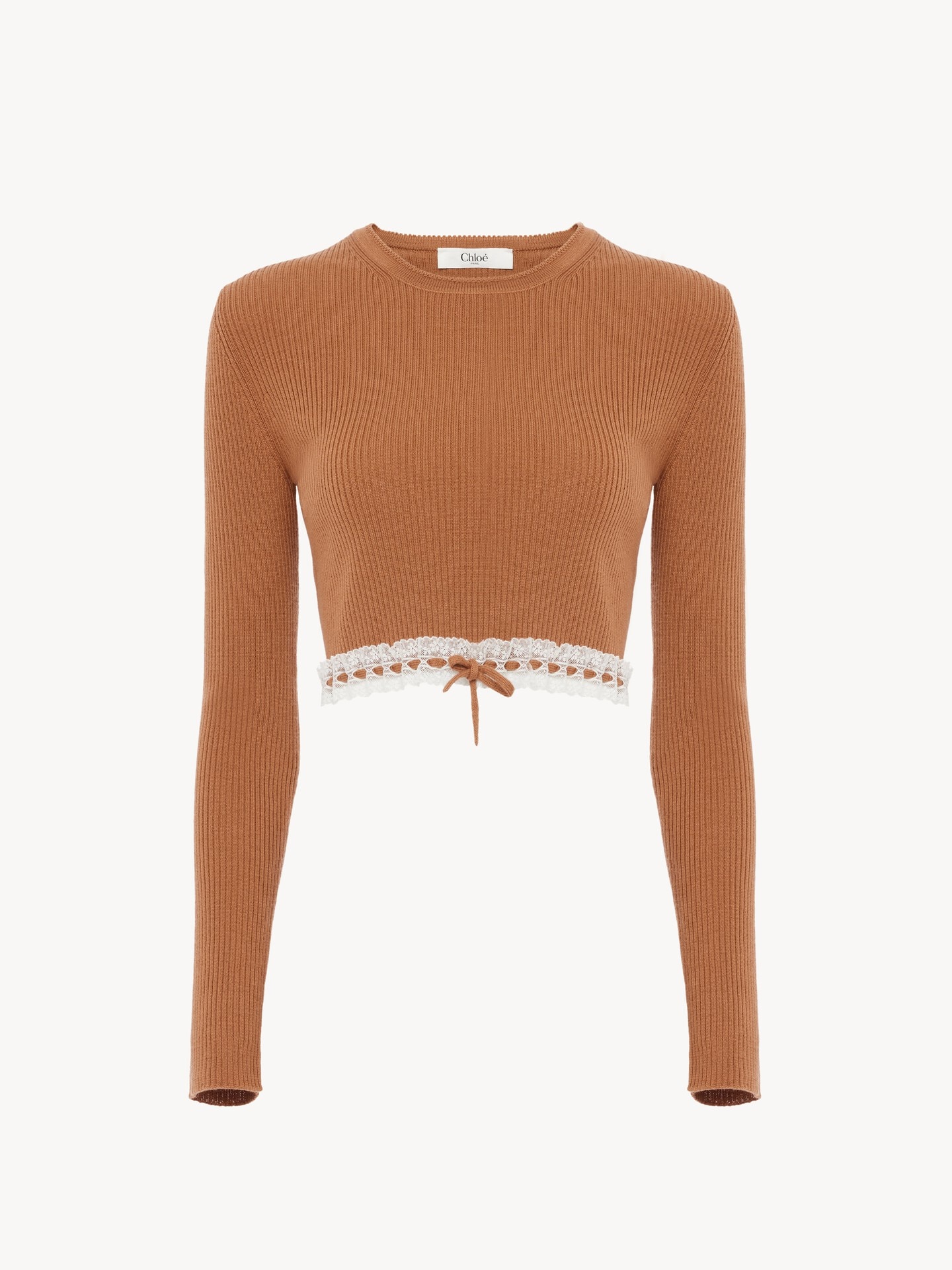 Cropped fitted jumper in a wool knit & lace - 2