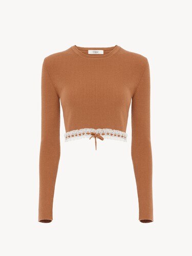 Cropped fitted jumper in a wool knit & lace - 2