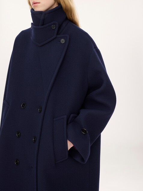 Double-breasted oversized long coat in wool
