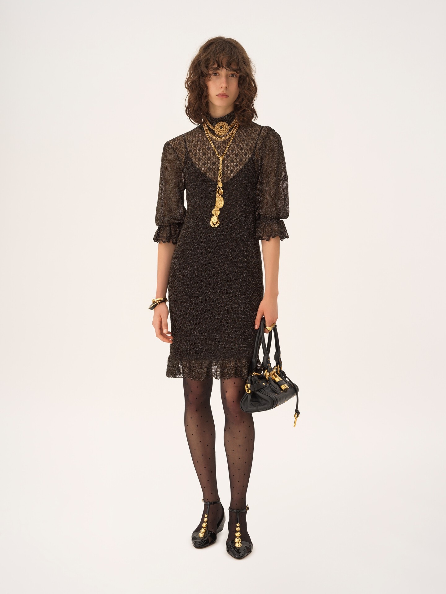 Ruffled puff-sleeve mini dress in a lurex knit - 3