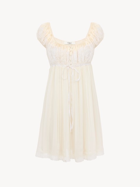 Short-sleeve mini dress in silk mousseline & lace