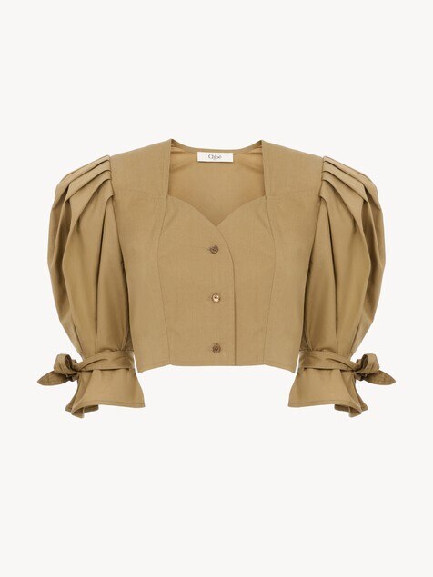 Top cropped con mangas abullonadas de popelina de algod&oacute;n
