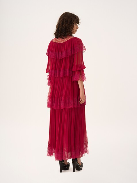 Long ruffled dress in silk mousseline & lace