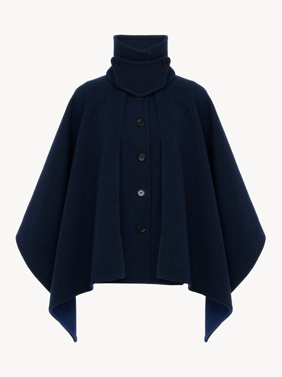 High-neck short cape coat in washed double-face wool - 2