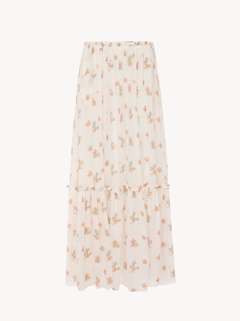 Gathered long skirt in silk charmeuse