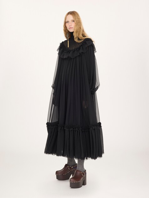 High-neck ruffled midi dress in silk mousseline
