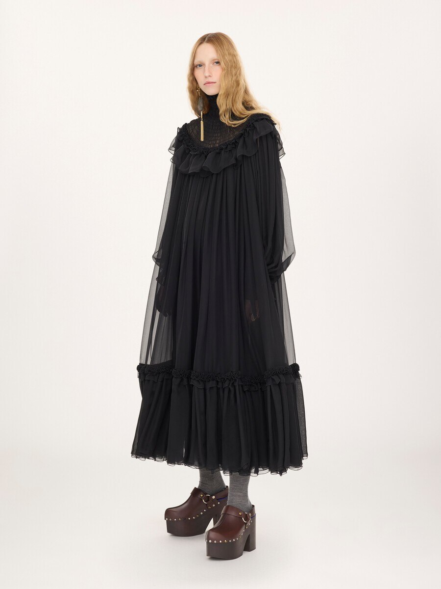 High-neck ruffled midi dress in silk mousseline - 3