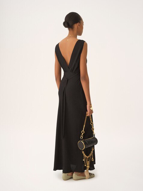 실크 자카드 & 레이스 슬리브리스 칼럼 드레스