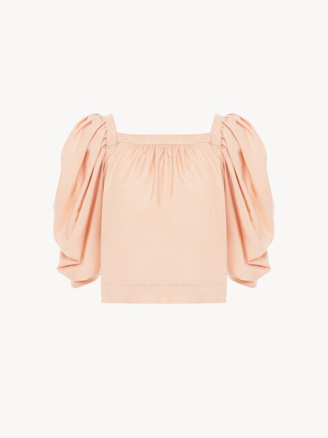 Puff-sleeve pleated top in silk poplin