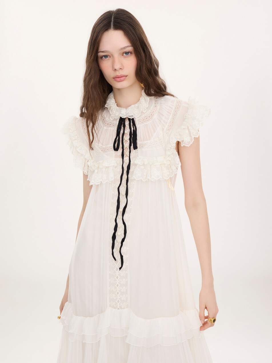 Tie-front ruffled long dress in silk mousseline & lace