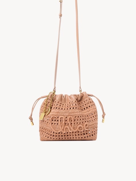 Mini Summer Banana drawstring shoulder bag in raffia