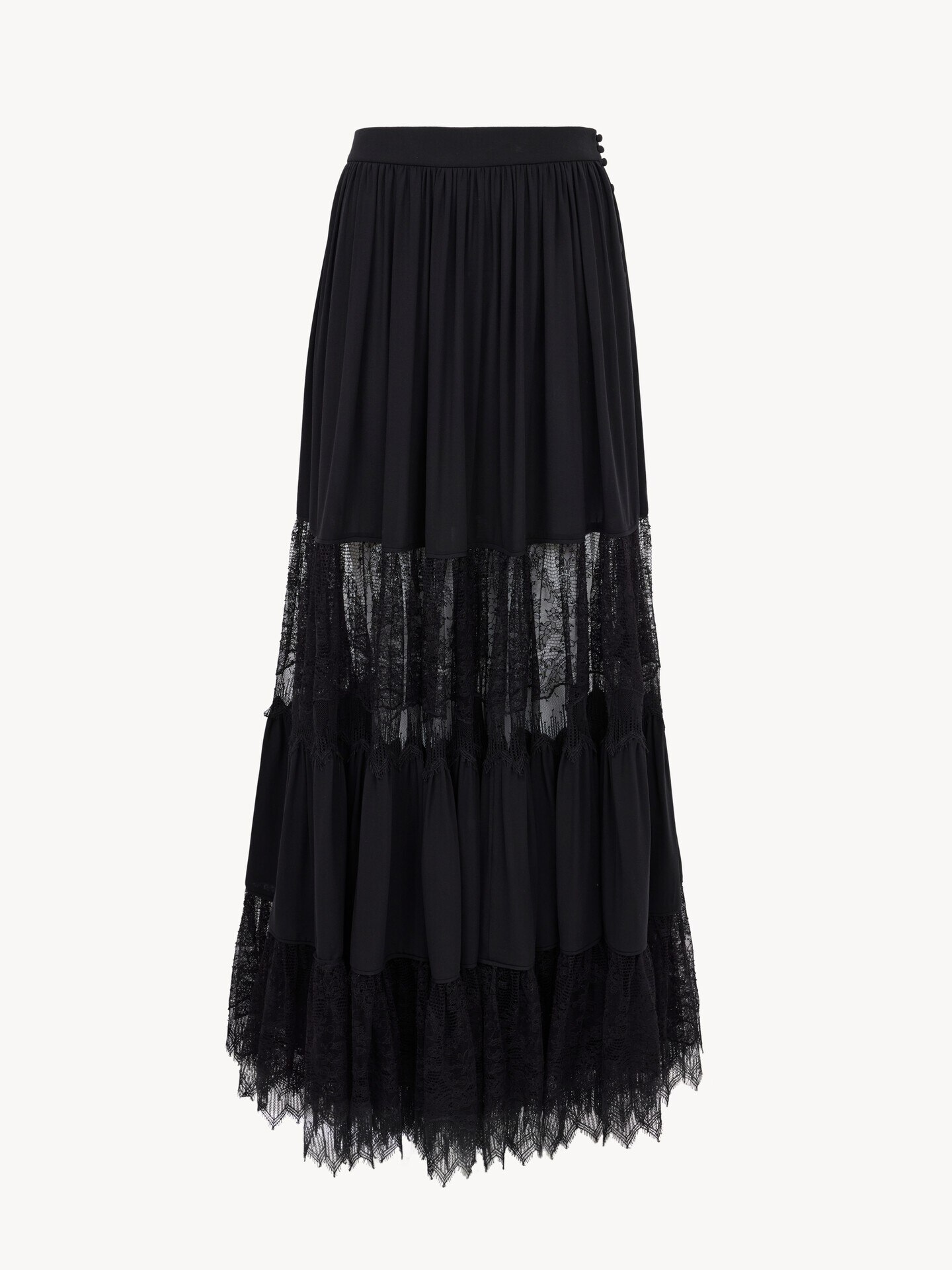 Tiered long skirt in silk georgette & lace - 1