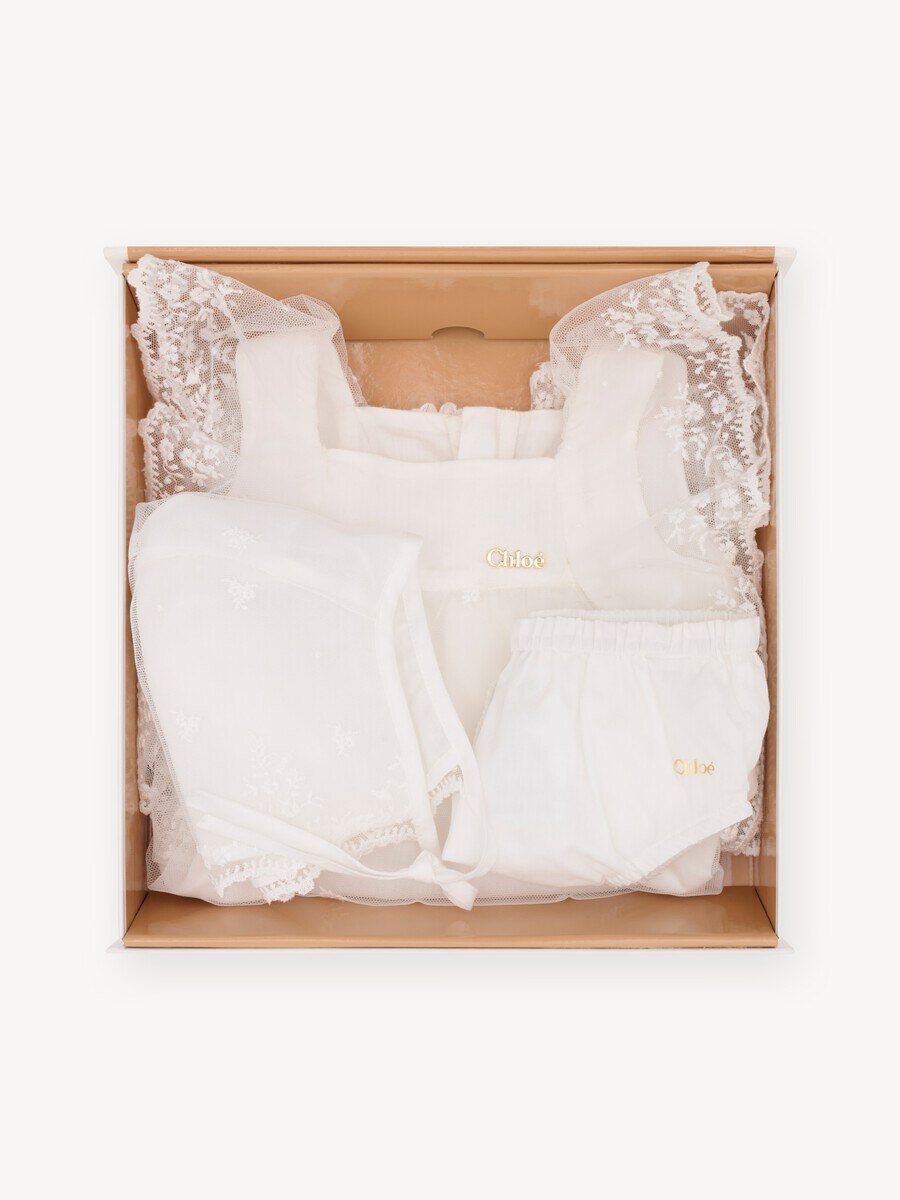 Baby ceremony dress, bonnet & bloomers gift set - 1