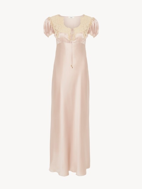 Puff-sleeve column dress in washed silk satin & lace