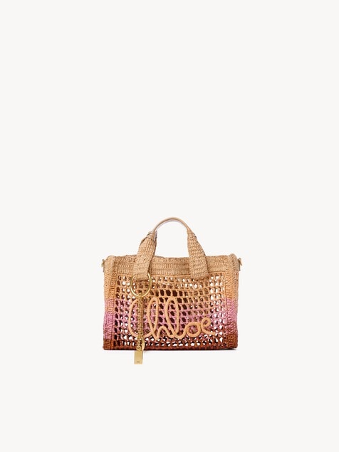 Small Summer Banana east-west tote bag with strap in raffia