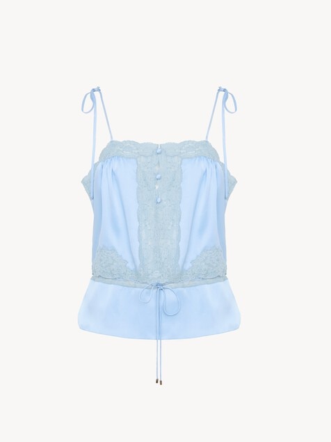 Drawstring camisole top in washed silk satin & lace