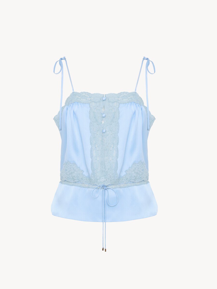 Drawstring camisole top in washed silk satin & lace - 2