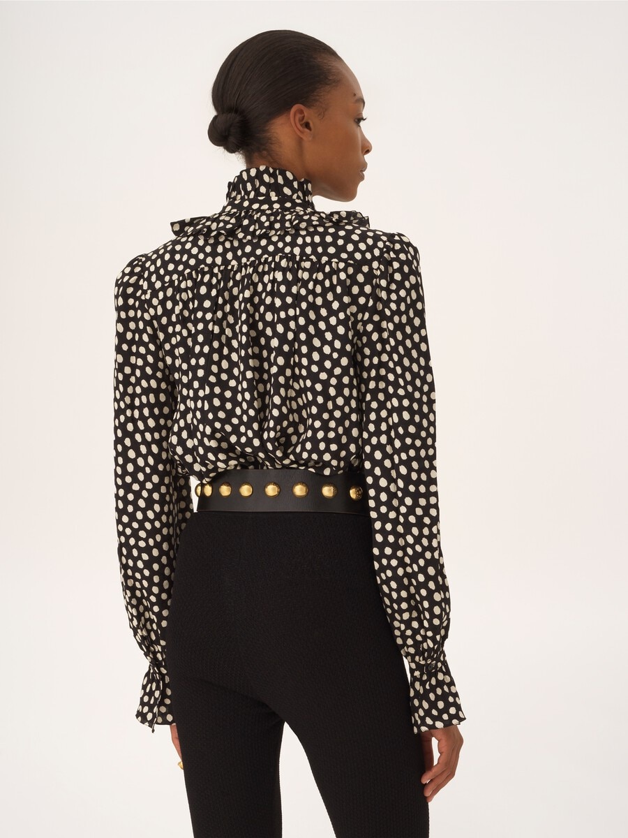 Ger&uuml;schte Bluse aus Seidenjacquard mit Bindeb&auml;ndchen an der Vorderseite - 5