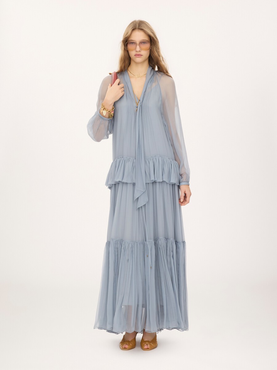 Fluid long dress in silk mousseline with lavalli&egrave;re tie - 3