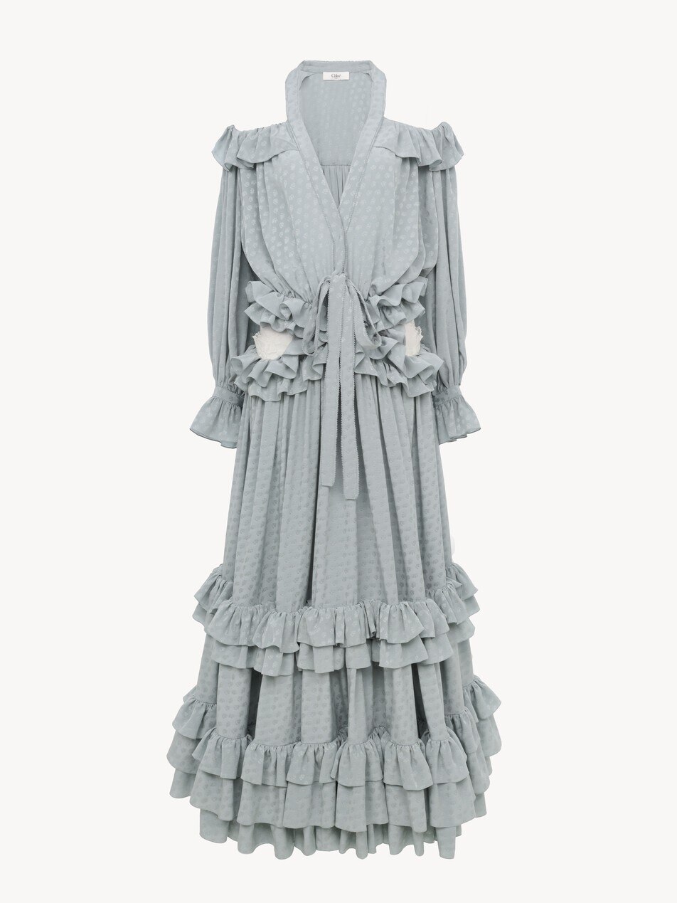 Cut-out long ruffled dress in silk jacquard